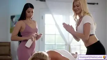 Blonde massaged by milf and busty wife