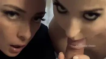 Teaching my little slut to suck dick like a pro. Double blowjob. Cumshot in two mouths