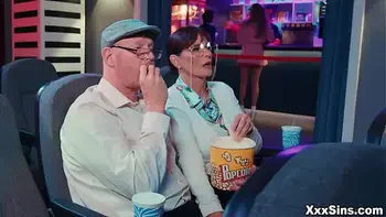 Older couple Syren DeMer and Dick Chibbles Athena disturbed by a teenager couple Athena Faris and Ricky Spanish having sex in cinema!