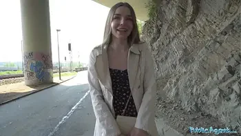 Public Agent - Young Ukrainian girl with long brunette hair waiting to meet friends talked into sex with a stranger outside