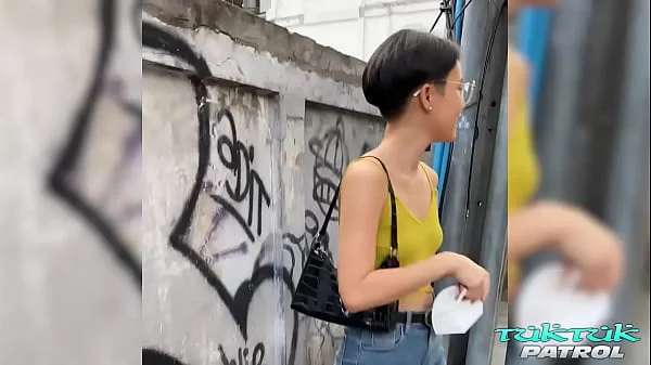 Horny Thai with short hair and glasses trying out thick white penis