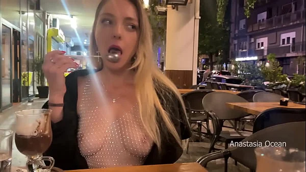 My perfect first date with flashing boobs in public. Topless in outdoor cafe.