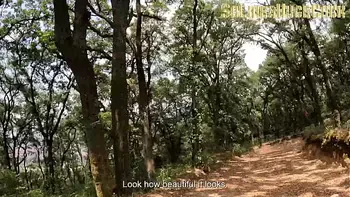 While we were taking a walk in the woods, my friend's slut wants to have some fun and lets herself be penetrated outdoors without a condom