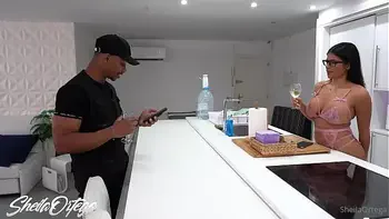 Big boobs latina Sheila Ortega doing blowjob with real BBC cock on the kitchen