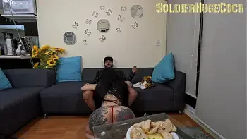 My best friend visits me with his new girlfriend... But the whore fucks me while he is careless