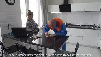 Slutty lonely housewife with glasses sucks dick and fucks with the plumber