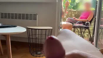 My husband is jerking off and cum in front of my stepmom a while we talk on balcony.