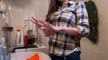 Spying on Step Mother's big boobs while she is cleaning bathroom and make her doing hand job to her step son's big cock