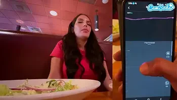 Cumming in Public with interactive toy at LUNCH! Public female orgasm interactive toy