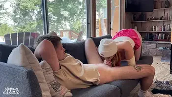Sneaky log cabin hookup with big titty red head