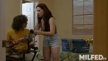 Very Hot Step Mom Can't Resist Touching his Step Son's Prominent Bulge Through his Pants...