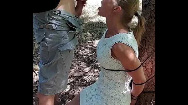 Belgian milf gets tied up in woods and sucks dick