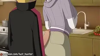 Boruto ver a Hinata lavando as louças e aproveita para por o pau nas costa dela.