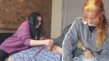 Two shy girls playing with my massive cock