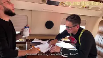 On my business trip I ask my assistant to take care of my wife while I fuck with the stewardesses...she wants to join the orgy together with the pilot