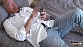 Teen blonde grabs grandpa's cock and sucks it deepthroat