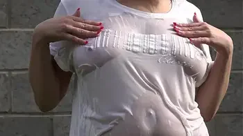 Big tits under a wet tank top and masturbation of a hairy pussy with a bottle. Amateur fetish and sexy butt Doggystyle outdoor.