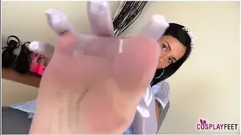 Brunette Cinderella Cosplayer Footplays In White Sheer Nylons