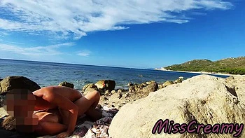 French Amateur Wife Miss Creamy Fucks Big Cock on Nude Beach - Public Sex & Cum in Mouth