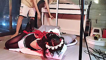 Asian maid hogtied in stockings