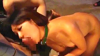 He thrusts in and out a creampie vibrator, then has her give him a blowjob and cums in her mouth.