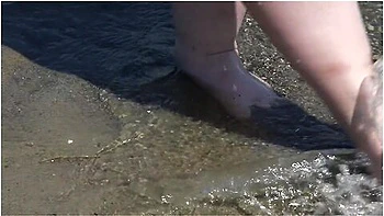 Fat Bare Legs With Red Pedicure Walk Along The Bank Of The River, Fetish