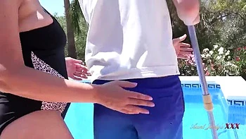 Busty British MILF Keira Seduces Pool Boy for Outdoor Fuck