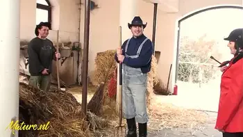 Hairy Horse Tamer Double Penetrated In Horse Stable For Her First Time