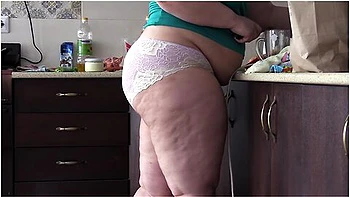 Bbw Housewife With Big Belly And Big Ass In The Kitchen In Panties