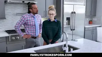 Submissive stepdaughter Lilly Larimar fucked by her strict stepfather in the kitchen after hearing her talking sweetly on the phone with a