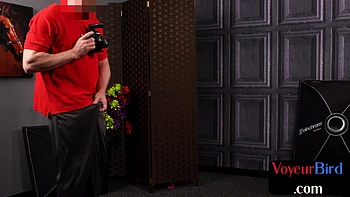 Sexy bikini babe watching guy jerking