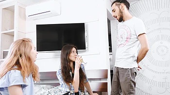 Two cute teen sluts share a big cock in an intense scene