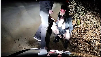 Piss Whore In Dog Collar Receives Golden Shower And Hot Cum In Her Mouth In A Public Road Interrupte