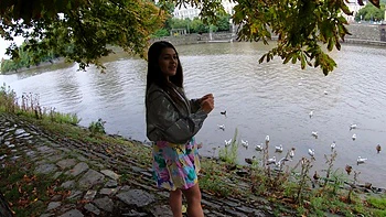 Brunette teen Serina Gomez gets her pussy filled by two cocks