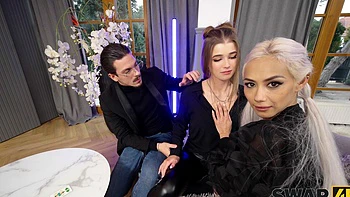 Two cute teens Olivia Sparkle and Veronica Leal have a steamy threesome on the sofa