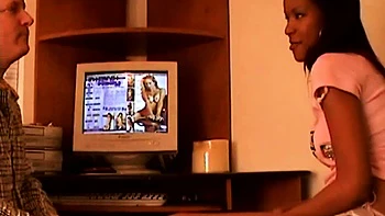 Cute ebony teen eats white meat