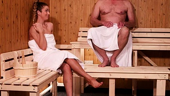 Naughty skinny blonde teasing old guy