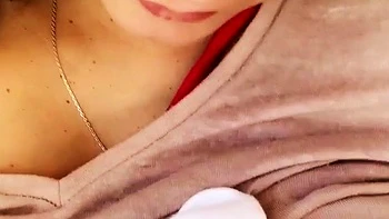 Busty curly brunette with big boobs fucks on couch