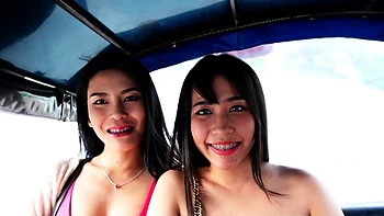 Thai teen GFs bisexual cock sharing in HOT amateur threesome