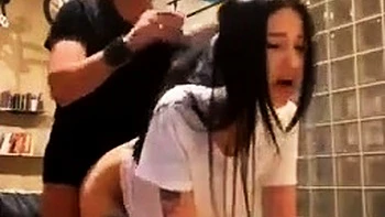 Small tit brunette amateur tugs on a big willie