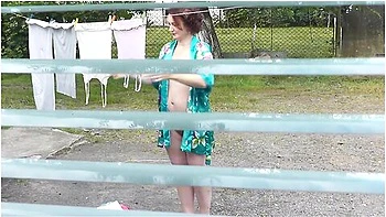 Neighbor In Bathrobe Without Panties And Bra Dries Washing Courtyard, Neighbour Watching Out Window