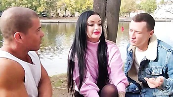 Sweetie in black nylons Daphne Klyde rammed by two huge dicks