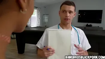 Weird guy tests an ebony milf for COVID with her huge breasts