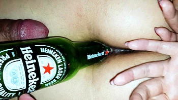 Romanian whore with hands tied fucked with a beer bottle and