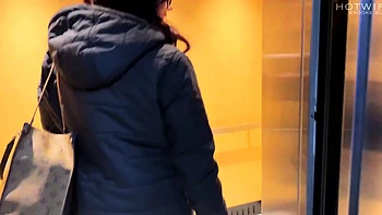 Busty curly brunette with big boobs fucks on couch