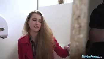 Public Agent Nervous looking woman sucks and fucks cock through a gloryhole