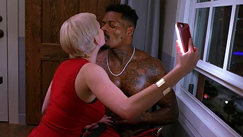 A couple, Skye Blue and Jason, enjoy passionate interracial sex with a satisfying finish.