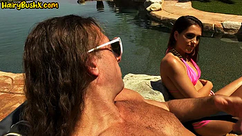 Nasty babe in bikini gives head outside