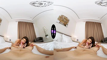 Two sexy babes ride a big dick in a steamy virtual reality scene