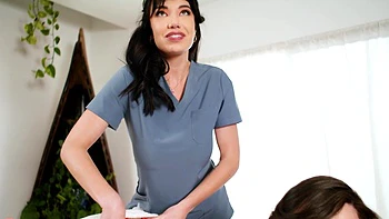 Two hot lesbians Chloe Surreal and Little Puck have oiled their huge tits and pussies.